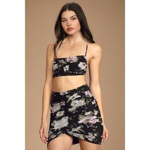 Lulus Fabulously Flirty Black Floral Print Mesh Two-piece Mini Dress - Size L